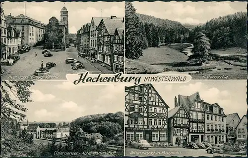 Hachenburg 4 Fotos ua. Abtei Marienstatt, Markt, Kirche, Nister-Partie 1962