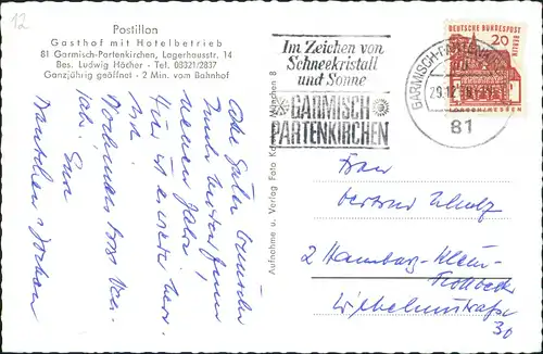 Garmisch-Partenkirchen Gasthof Hotel Restaurant POSTILLON Bes. L. Höcher 1968