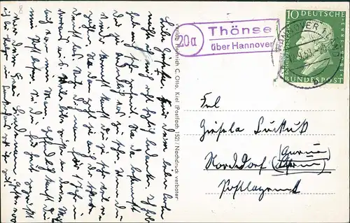Ansichtskarte Thönse-Burgwedel    1959  Landpoststempel "20a Thönse  Hannover"