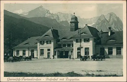 Ansichtskarte Garmisch-Partenkirchen Bahnhof - Pferdefuhrwerke 1928