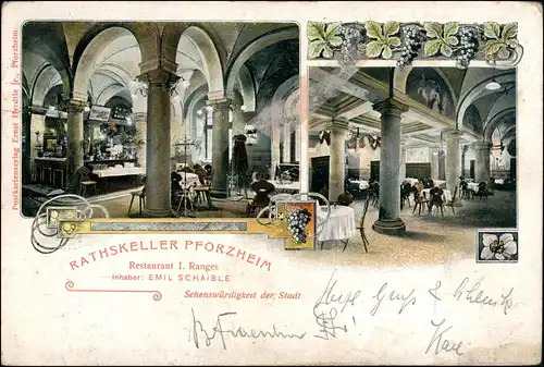 Ansichtskarte Pforzheim Rathskeller 2 Bild Innen 1904