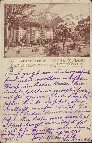 Ansichtskarte Interlaken SCHWEIZERHOF HOTEL-SUISSE 1902