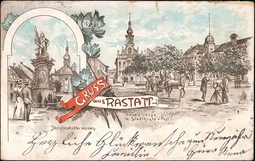 Ansichtskarte Litho AK Rastatt 2 Bild: Brunnen u. Hauptstraße 1897