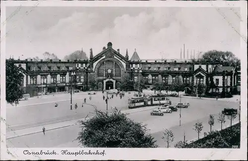 Ansichtskarte Osnabrück Hauptbahnhof, Schlote - Straßenbahn 1938