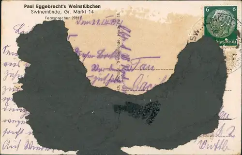 Swinemünde Świnoujście Eggebrechts Weinstübchen Gastraum Großer Markt 15 1936