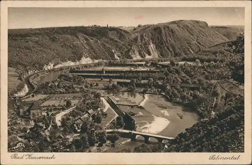 Ansichtskarte Bad Kreuznach Salinental Panorama mit Fluss Nahe, Brücke 1932