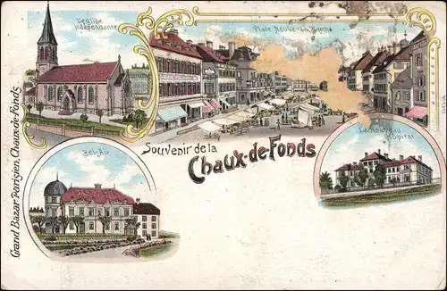 Ansichtskarte Litho AK La Chaux-de-Fonds Kirche, Bel Air, Markt 1903