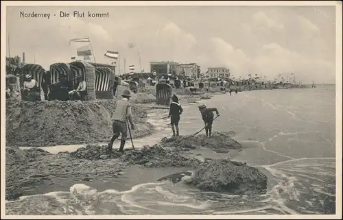 Ansichtskarte Norderney Die Flut ommt - Streand, Hotels 1928