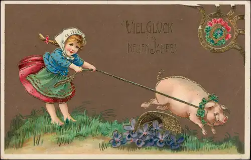Neujahr Mädchen und Glücksschwein - Gold-Präge AK 1912 Goldrand