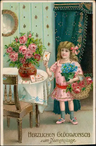 Ansichtskarte  Geburtstag - Gabentisch Mädchen - Goldpräge AK 1911