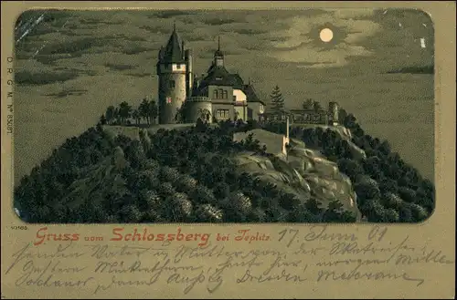 Litho AK Teplitz-Schönau Teplice Schlossberg bei Mondschein 1901