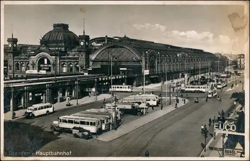 Ansichtskarte Seevorstadt-Dresden Hauptbahnhof, Busse - Tankstelle 1932