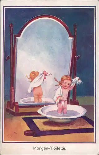 Ansichtskarte  mädchen vor Spiegel Morgen Toilette Kinderkarte signiert 1913