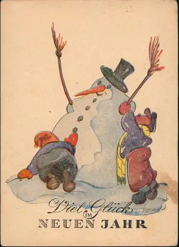 Ansichtskarte  Neujahr Künstlerkarte - schmelzender Schneemann 1949