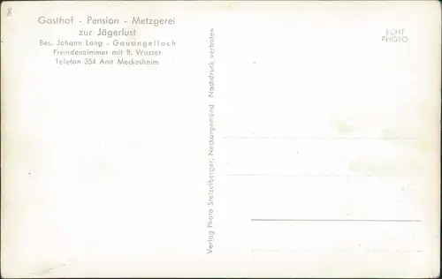 Ansichtskarte Meckesheim Gasthof - Pension - Metzgerei zur Jägerlust 1962