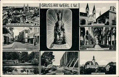 Ansichtskarte Werl (Westfalen) MB: Steinstraße, Kurpark, Kirche 1952