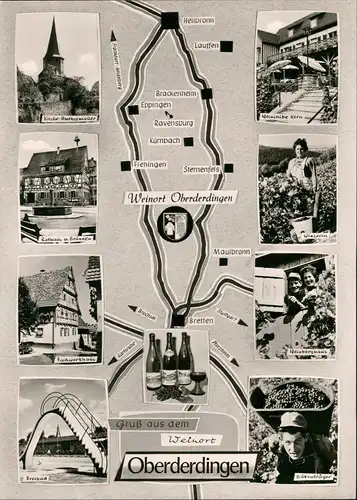 Ansichtskarte Oberderdingen Landkarte, Winzerin, Weinstube 1963