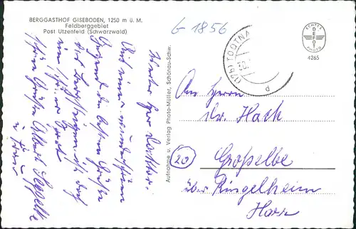 Ansichtskarte Utzenfeld BERGGASTHOF GISEBODEN Feldberggebiet 1962