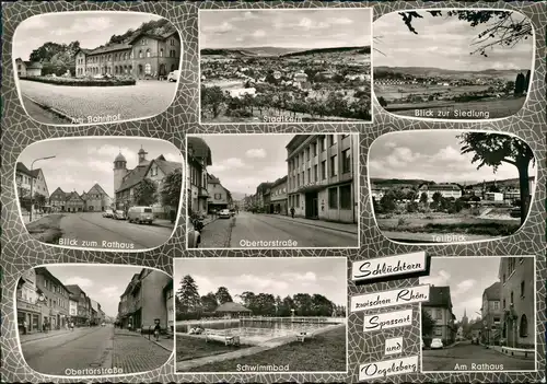 Schlüchtern Mehrbild-AK Bahnhof, Straßen, Schwimmbad, Rathaus, Siedlung 1965