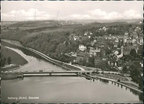 Kettwig-Essen (Ruhr) Panorama mit Stausee, Brücke, Stadt Teilansicht 1976/1967