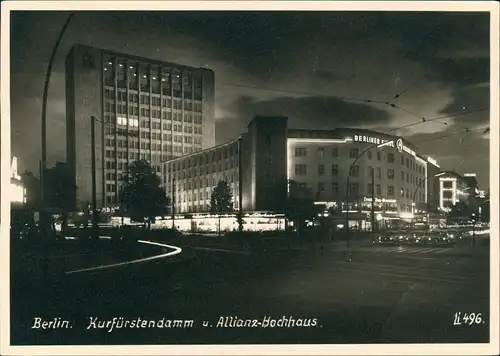Charlottenburg-Berlin Kurfürstendamm Allianz Hochhaus bei Nacht 1955