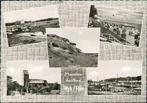 Ansichtskarte Wyk (Föhr) MB: Hafen, Minigolf, Strand 1966