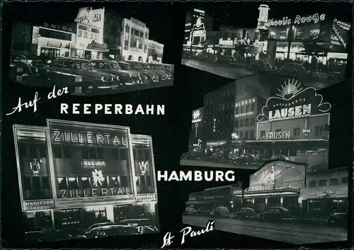 St. Pauli-Hamburg Reeperbahn Moulin Rouge, Lausen Café, Autos, Nacht-AK 1966