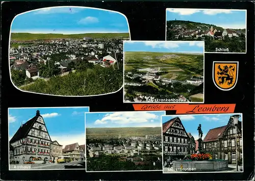 Leonberg Mehrbild-AK ua. Krankenhaus, Schloß, Marktbrunnen, Rathaus 1969