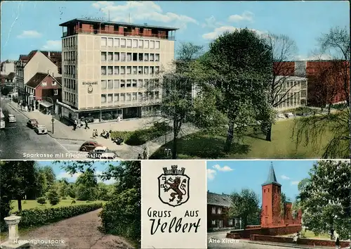 Velbert Sparkasse Friedrichstraße, Herminghauspark, Kirche (Mehrbild-AK) 1965