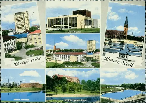 Lünen (Westfalen) Mehrbild Theater, Rathaus, Schloß Kappenberg Schwimmbad  1964