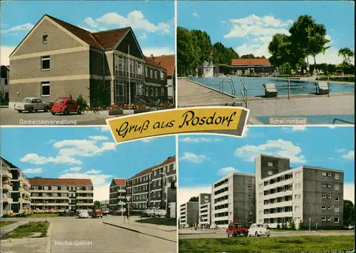 Rosdorf Neubaugebiet, Gemeinde-Verwaltung, Schwimmbad, (Mehrbild-AK) 1983