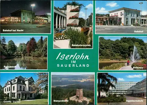 Iserlohn Mehrbild-AK ua. Goethe Institut, Bahnhof, Bismarck-Turm, Schule 1980