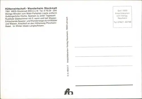 Stockmatt-Wies (Kleines Wiesental) Hüttenwirtschaft - Wanderheim MB 1969