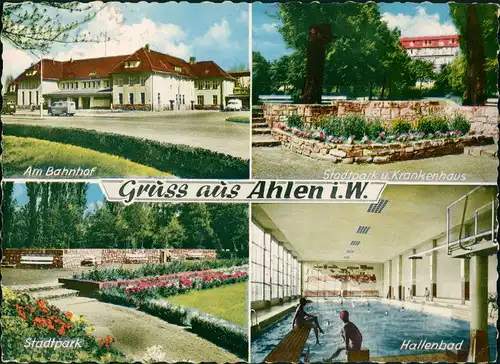 Ahlen (Westfalen) Mehrbild-AK ua. Bahnhof, Krankenhaus, Hallenbad 1964