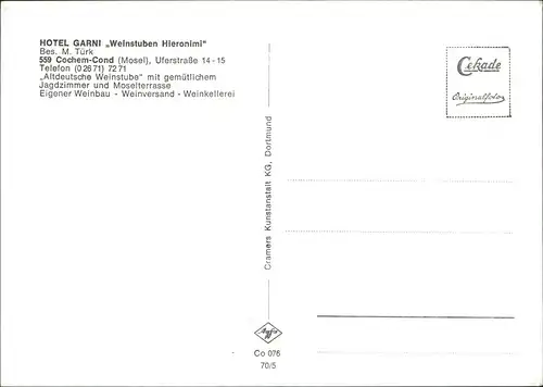 Ansichtskarte Cochem Kochem HOTEL GARNI ,,Weinstuben Hieronimi" - 4 Bild 1970