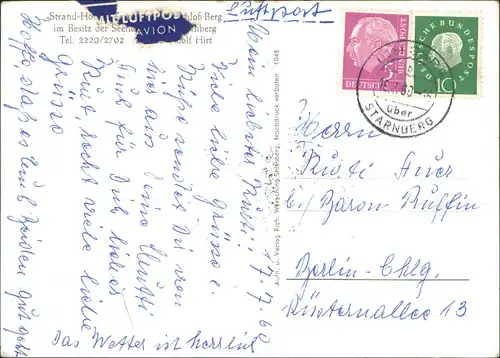 Ansichtskarte Starnberg Gaststätte gel. Landpoststempel 1960