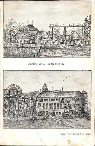 Ansichtskarte  2 Bild Zuckerfabrik Basseville gel. Feldpost 1915