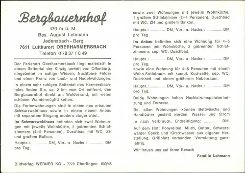 Oberharmersbach Reklame Karte Bergbauernhof A. Lehmann Jedensbach-Berg 1975