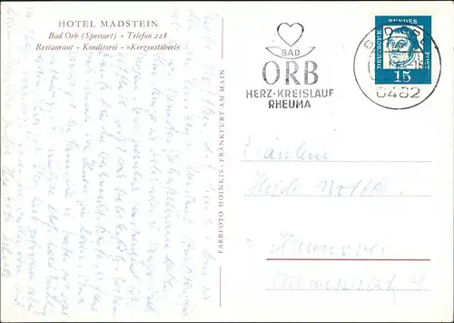 Bad Orb Hotel Madstein, Spessart, Restaurant Konditorei "Kerzenstüberl" 1964
