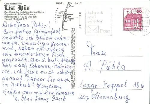 List auf Sylt Cafe-Restaurant List Hüs, Hafenstrasse, Bes. Fam. Wittrock 1987