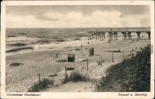 Ansichtskarte  Neuhäuser (Ostpreußen) Strand  und Seesteg b Rauschen 1934
