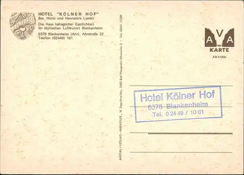Blankenheim (Ahr) HOTEL KÖLNER HOF Bes. Lienke Ahrstrasse Innen & Außen 1970