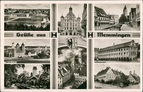 Ansichtskarte Memmingen MB Stadion, Rathaus, lachender Mond 1954