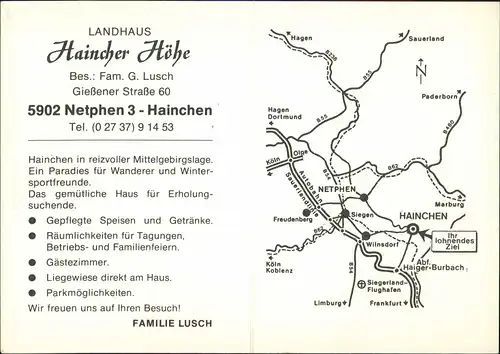 Netphen Reklame Werbekarte Landhaus Haincher-Höhe, OT Hainchen 1970
