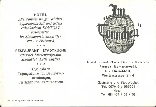 Düsseldorf Reklame Karte Hotel Stadt-Küche IM TÖNNCHEN 1970