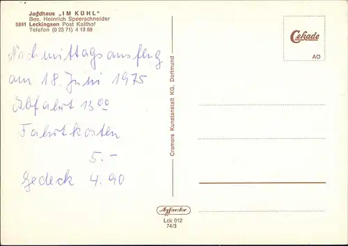 Leckingsen-Iserlohn Gasthaus Jagdhaus IM KÜHL Bes. Heinrich Speerschneider 1974