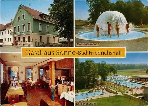 Bad Friedrichshall Mehrbild-AK mit Gasthaus SONNE, Freibad, Massage-Brunnen 1970