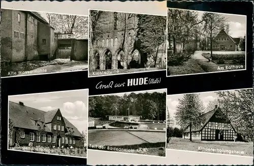 Ansichtskarte Hude Wassermühle, Kloster, Rathaus, Badeanstalt 1965