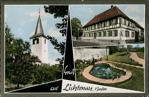 Ansichtskarte Lichtenau (Baden) Kirche, Teich, Geschäft 1963