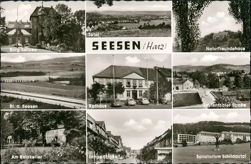 Ansichtskarte Seesen MB: Burg, Straße, Rathaus VW Käfer 1963